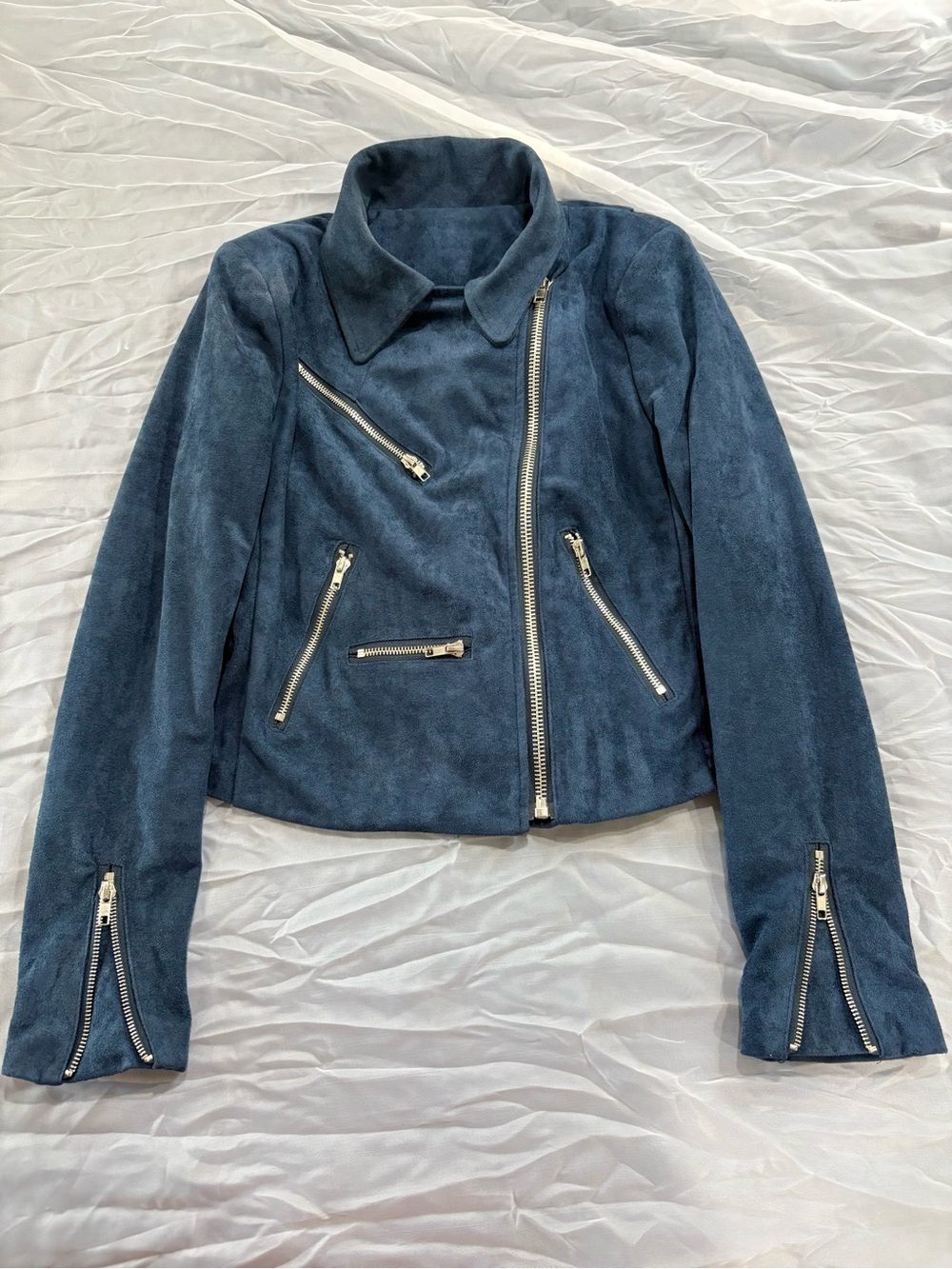 Vici Navy Suede Asymmetrical Zip Leather Jacket